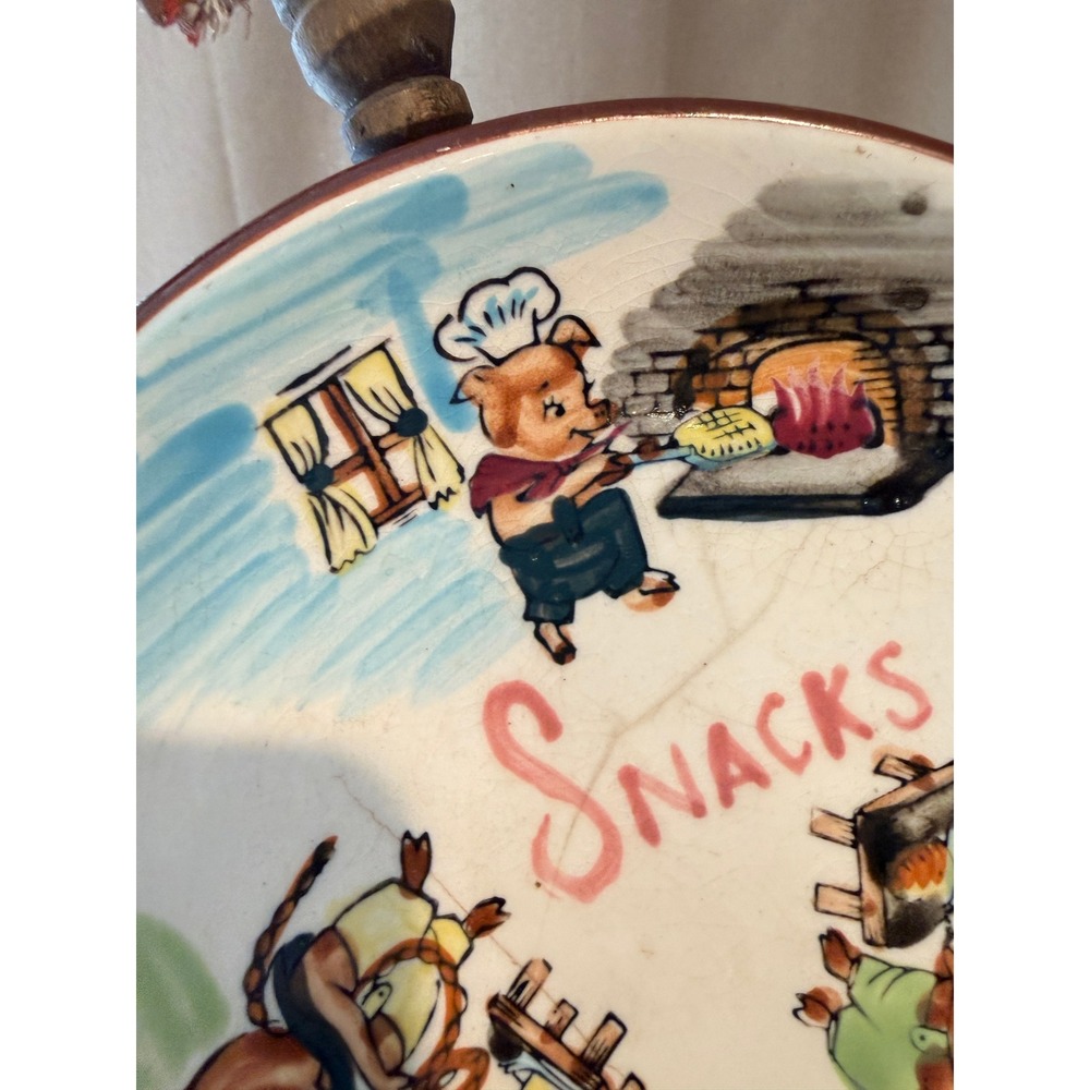 Vintage Hand Painted Three Little Pigs Chef Ceramic Snack Plate with Handle - Picture 5 of 10